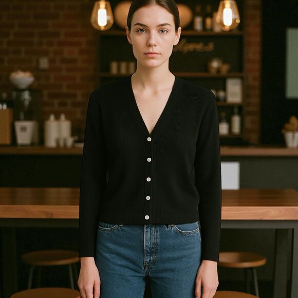 Hillard & Hanson Black Button Down Cardigan Sweater Medium Made in Hong Kong - Picture 6 of 7